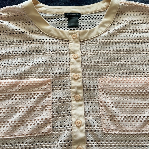 Ann Taylor Over Blouse Long Sleeve Sheer 3/4 Button Front with Pockets Peach - Picture 2 of 7